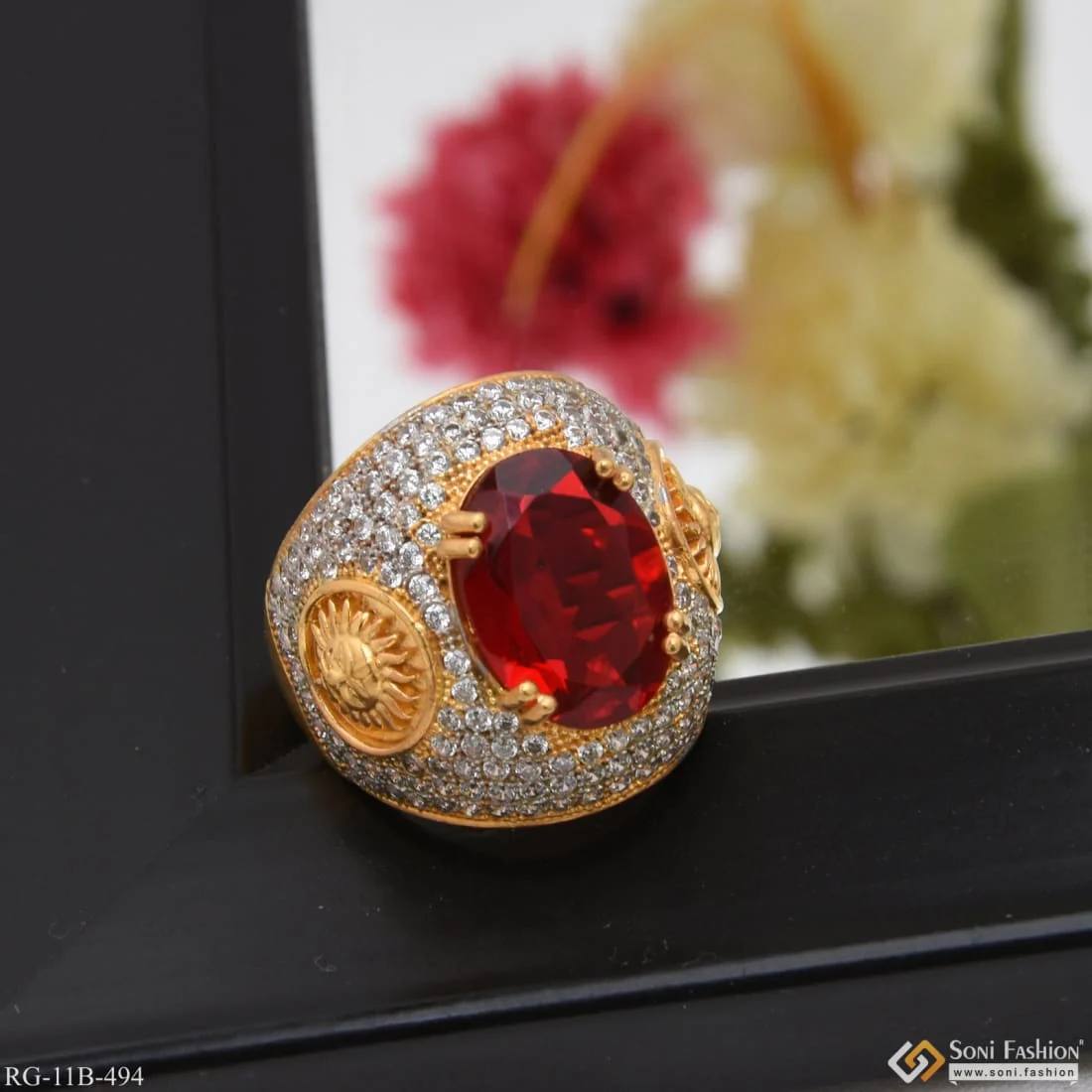 Red Stone With Diamond Extraordinary Design Gold Plated Ring For Men - Style B494 - Image 6