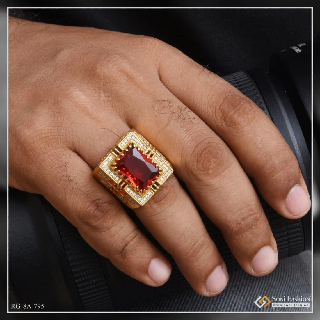 Red Stone with Diamond Finely Detailed Design Gold Plated Ring for Men - Style A795