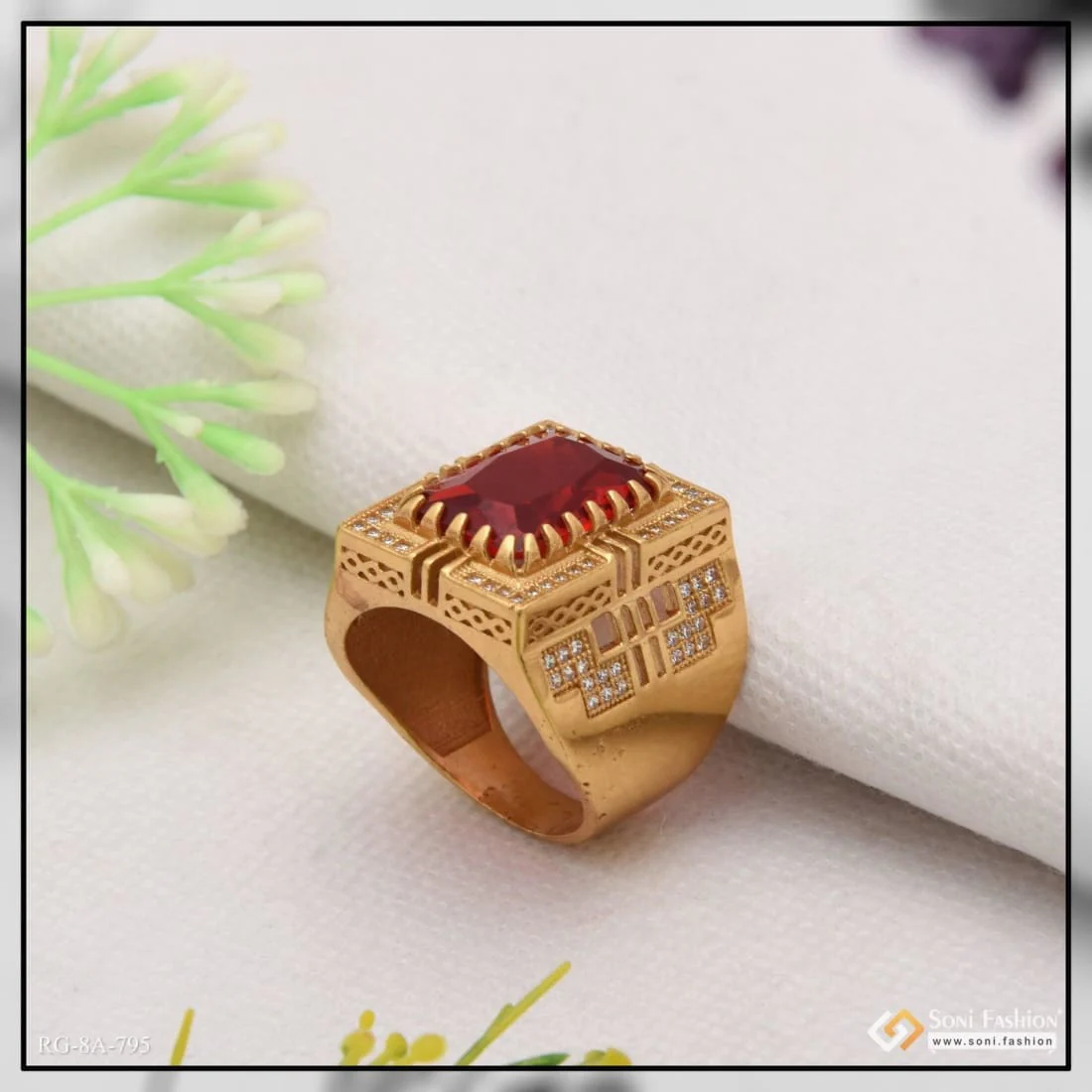 Red Stone with Diamond Finely Detailed Design Gold Plated Ring for Men - Style A795 - Image 2
