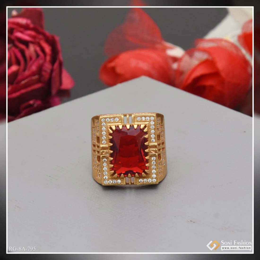 Red Stone with Diamond Finely Detailed Design Gold Plated Ring for Men - Style A795 - Image 3