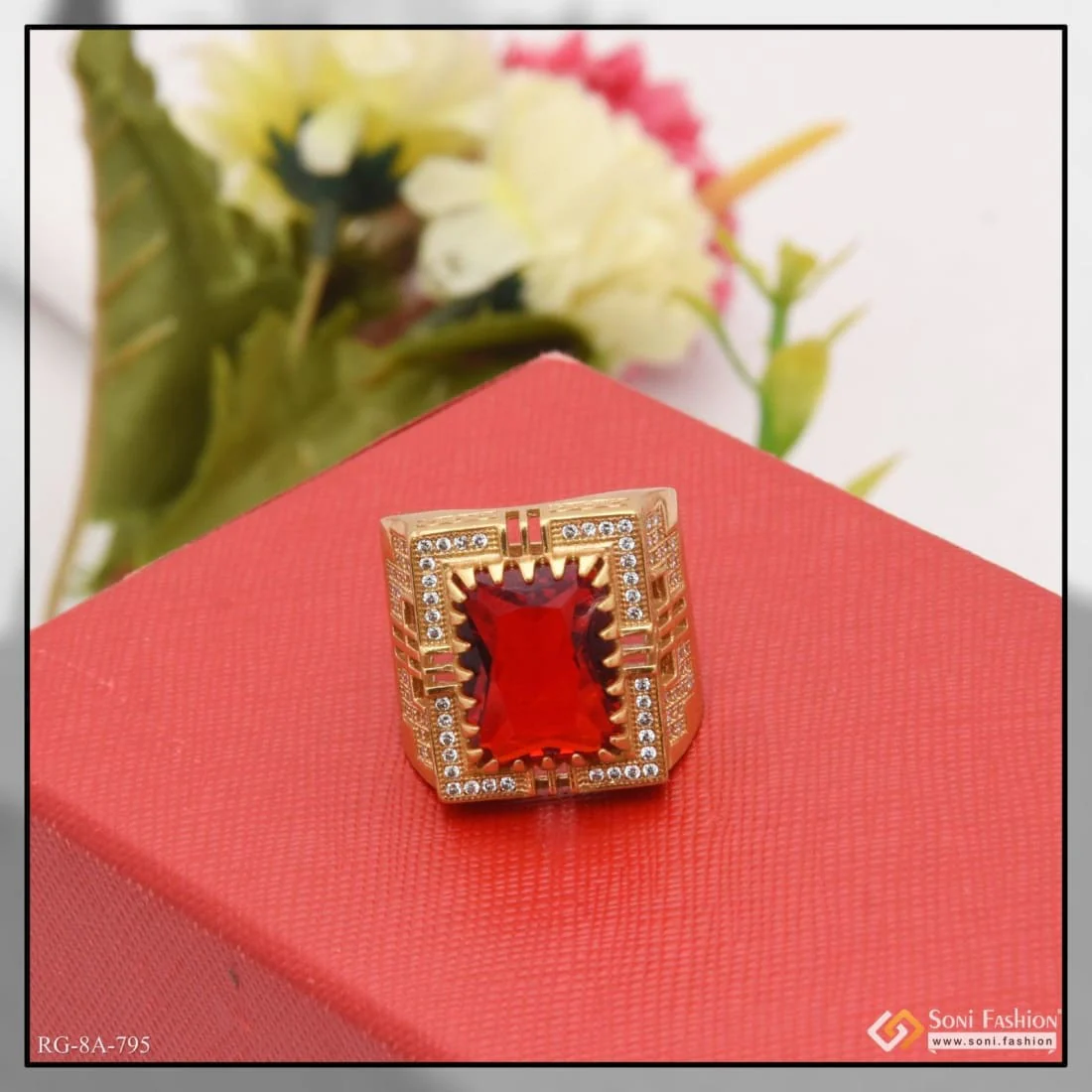 Red Stone with Diamond Finely Detailed Design Gold Plated Ring for Men - Style A795 - Image 4