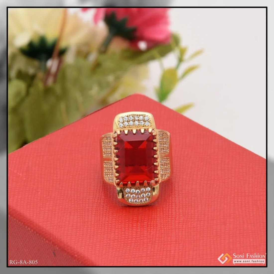 Red Stone with Diamond Finely Detailed Design Gold Plated Ring for Men - Style A805 - Image 3