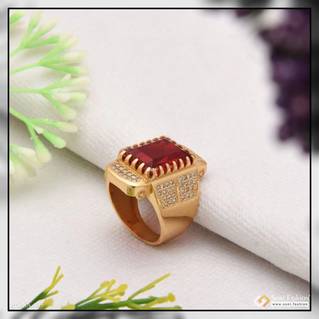 Red Stone with Diamond Finely Detailed Design Gold Plated Ring for Men - Style A805 - Image 4