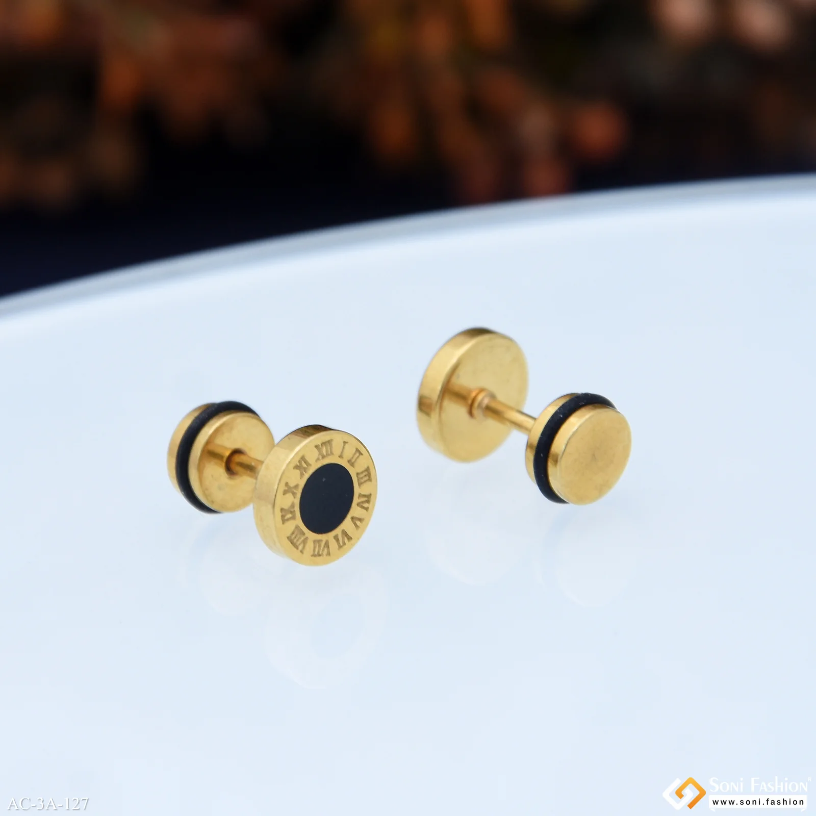 Roman Numerals Golden Color Stud Earring for Men (2 Pc) - Style A127 - Image 5
