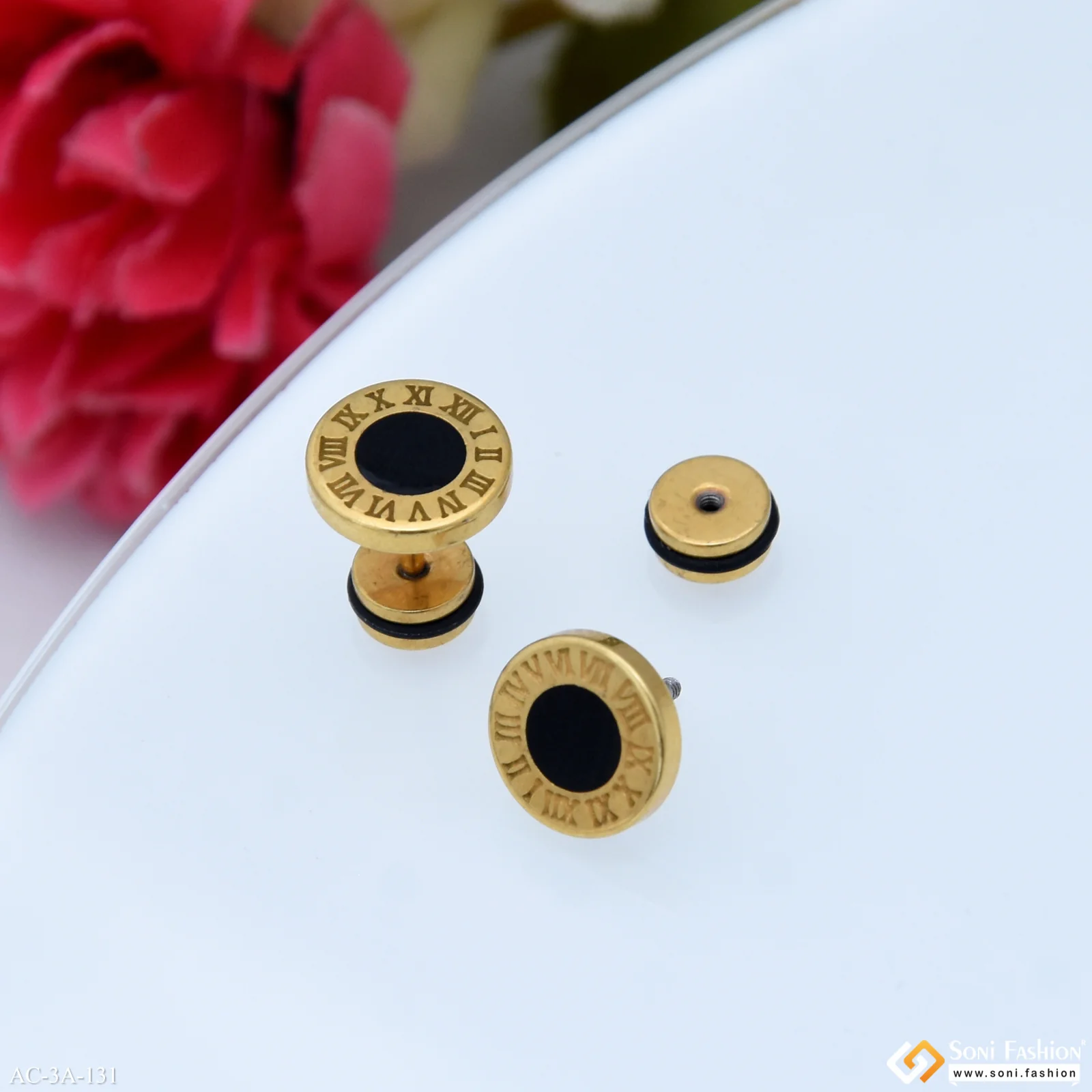 Roman Numerals Golden Color Stud Earring for Men (2 Pc) - Style A131 - Image 3