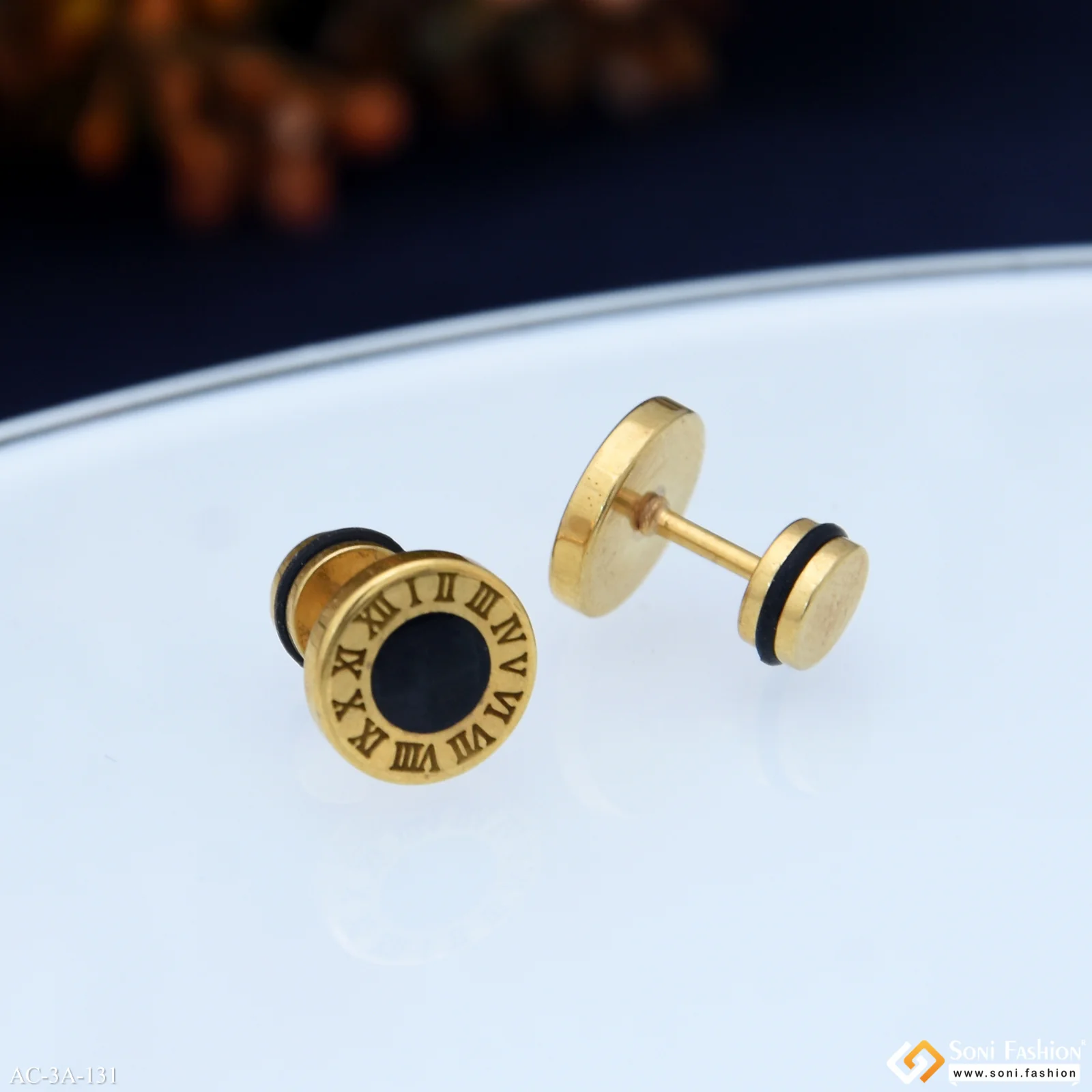 Roman Numerals Golden Color Stud Earring for Men (2 Pc) - Style A131 - Image 5