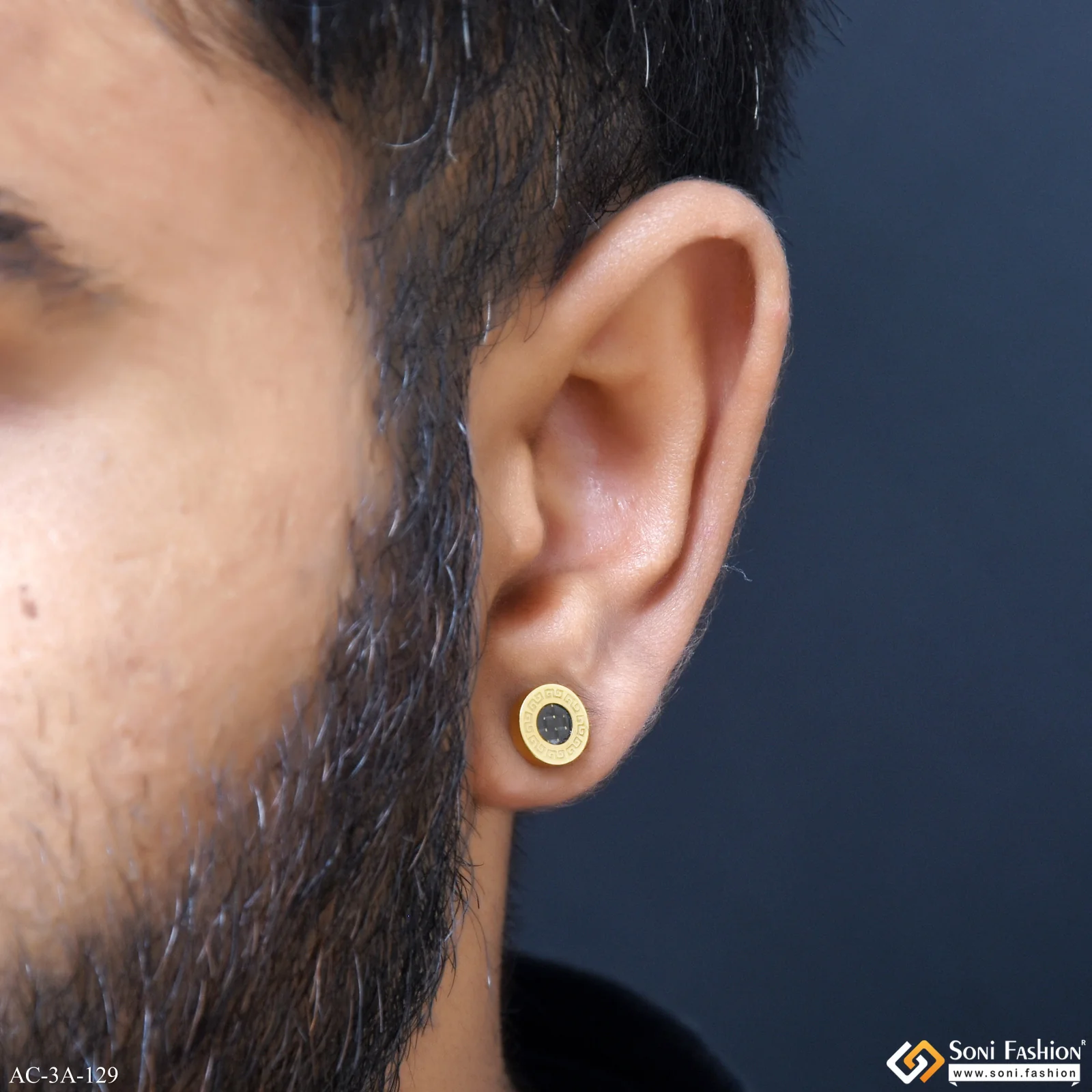 Round Shape Black & Golden Color Stud Earring for Men (2 Pc) - Style A129