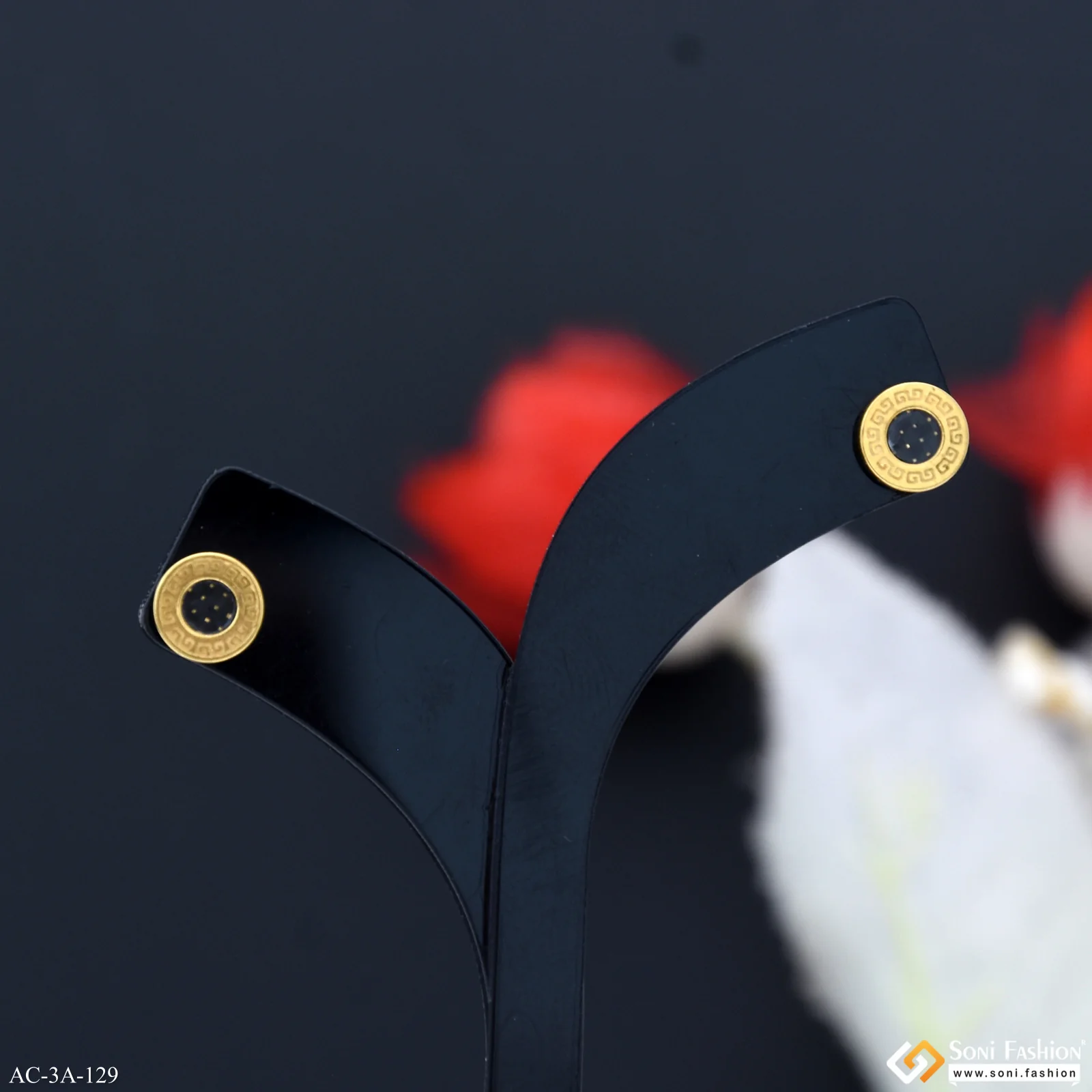 Round Shape Black & Golden Color Stud Earring for Men (2 Pc) - Style A129 - Image 2