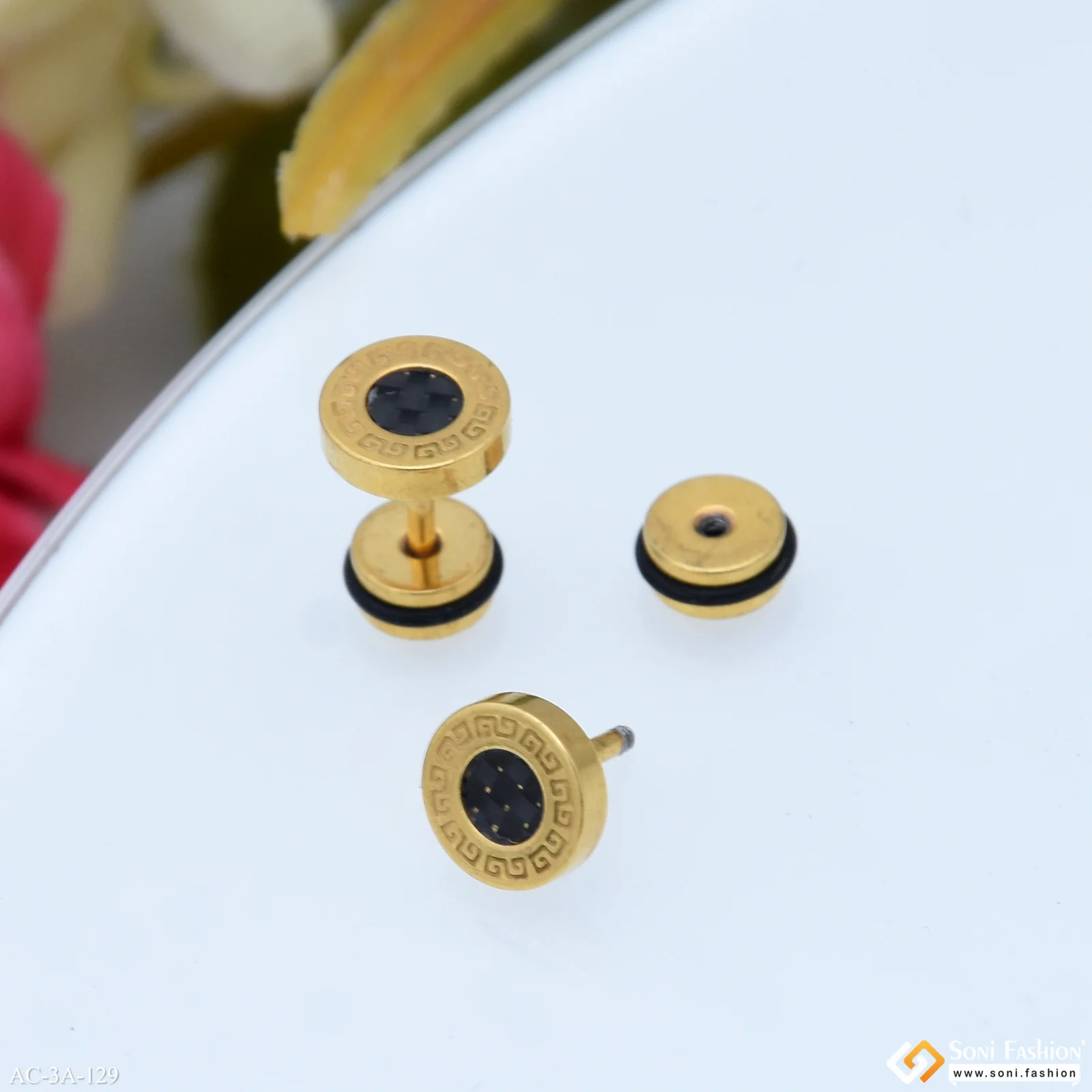 Round Shape Black & Golden Color Stud Earring for Men (2 Pc) - Style A129 - Image 3