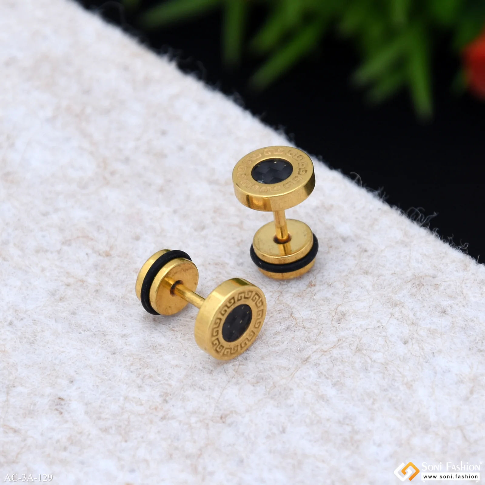 Round Shape Black & Golden Color Stud Earring for Men (2 Pc) - Style A129 - Image 4