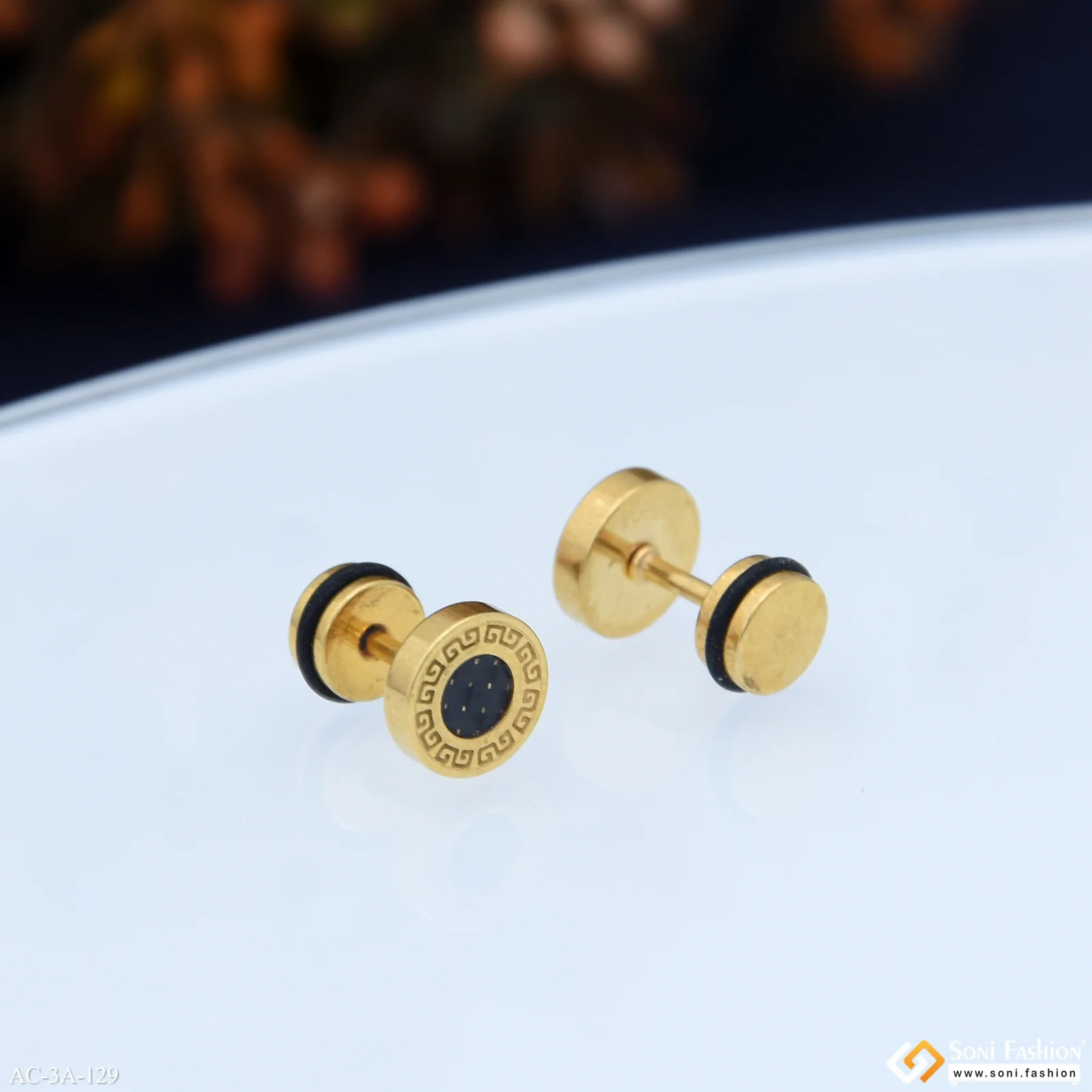Round Shape Black & Golden Color Stud Earring for Men (2 Pc) - Style A129 - Image 5
