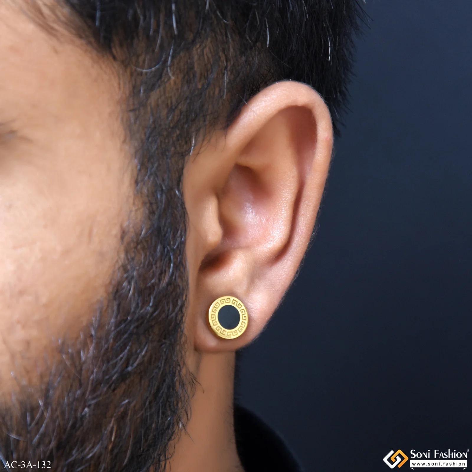 Round Shape Black & Golden Color Stud Earring for Men (2 Pc) - Style A132