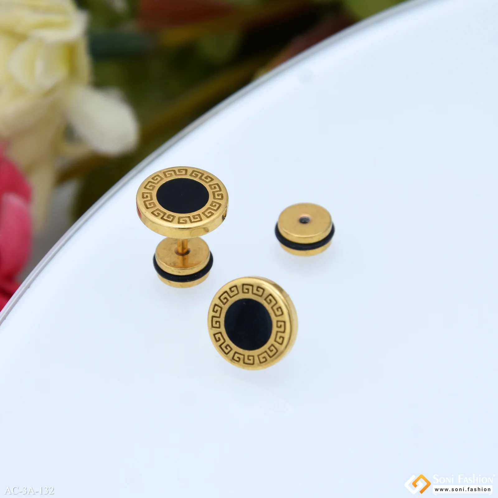 Round Shape Black & Golden Color Stud Earring for Men (2 Pc) - Style A132 - Image 3