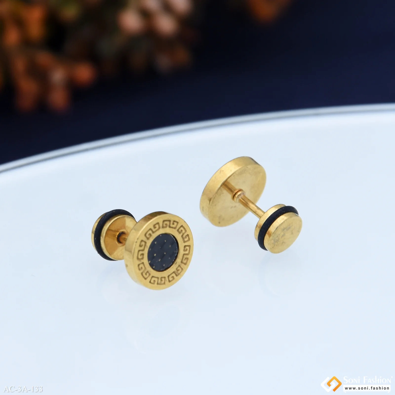 Round Shape Black & Golden Color Stud Earring for Men (2 Pc) - Style A133 - Image 3