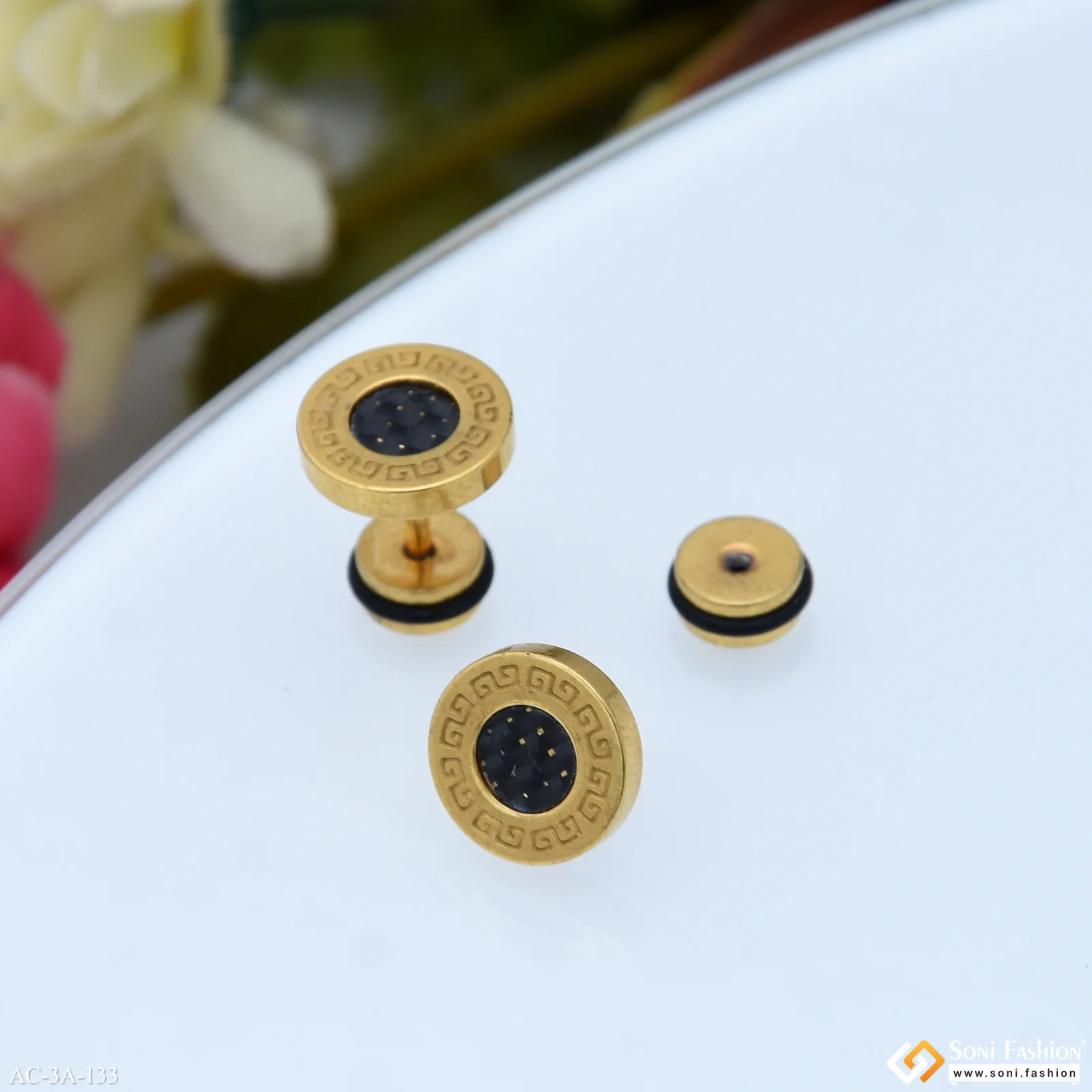 Round Shape Black & Golden Color Stud Earring for Men (2 Pc) - Style A133 - Image 4