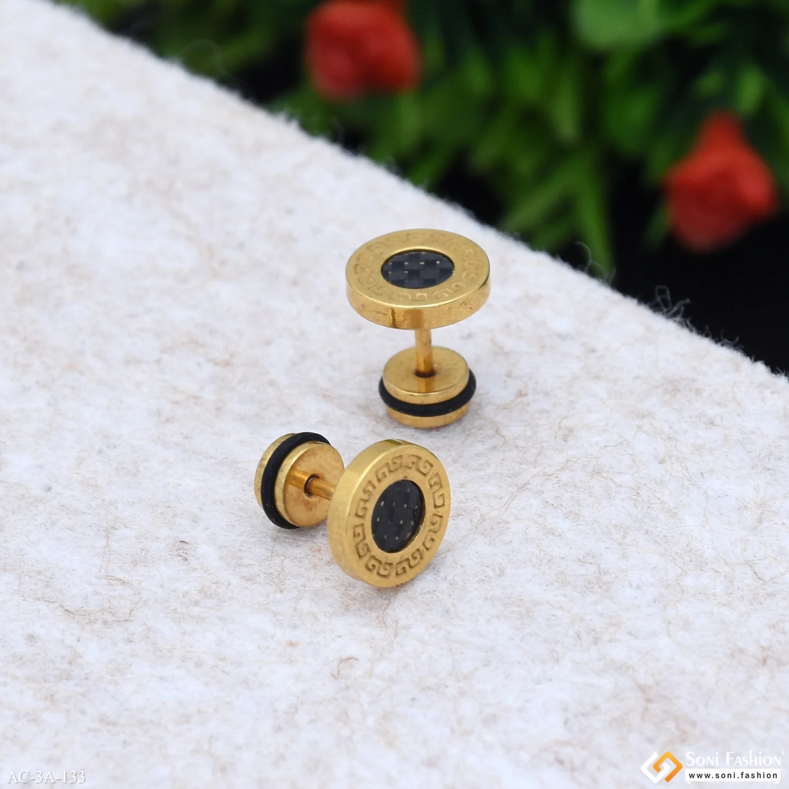 Round Shape Black & Golden Color Stud Earring for Men (2 Pc) - Style A133 - Image 5