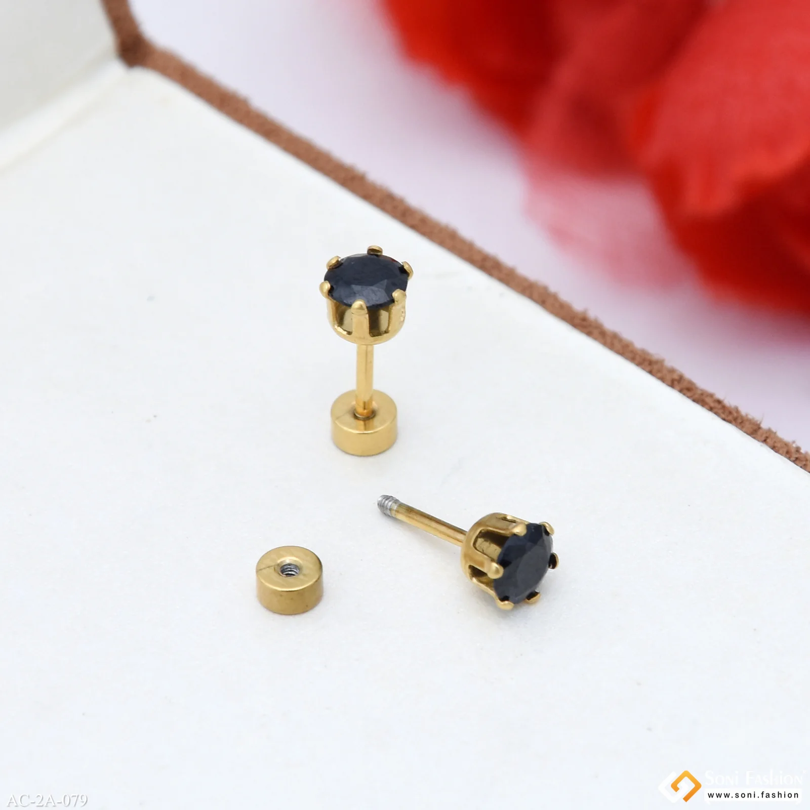 Round Shape Black Stone Latest Design Stud Earring for Men (2 Pc) - Style A079 - Image 4