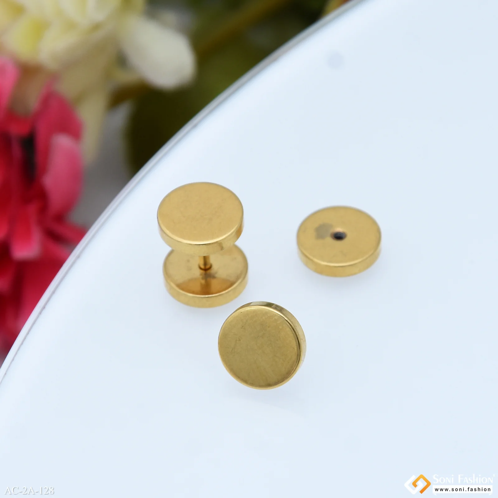 Round Shape Funky Design Golden Color Stud Earring for Men (2 Pc) - Style A128 - Image 3