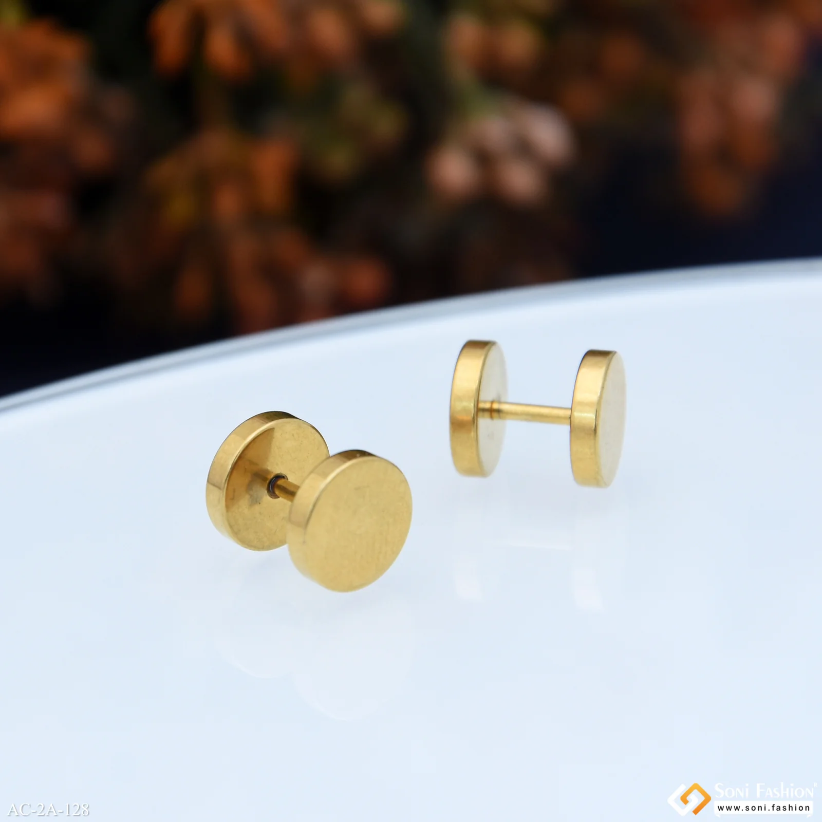Round Shape Funky Design Golden Color Stud Earring for Men (2 Pc) - Style A128 - Image 5