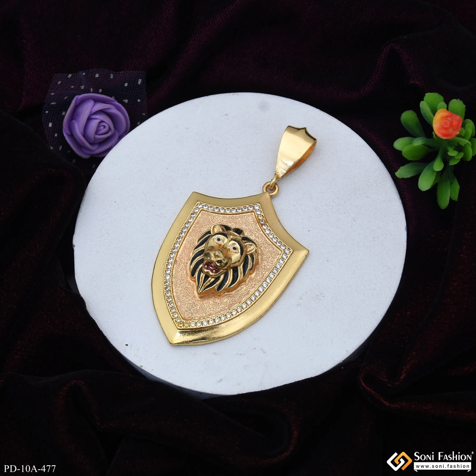 Royal Lion Black Hair Gold Plated Pendant With Diamond For Men - Style A477 - Image 2