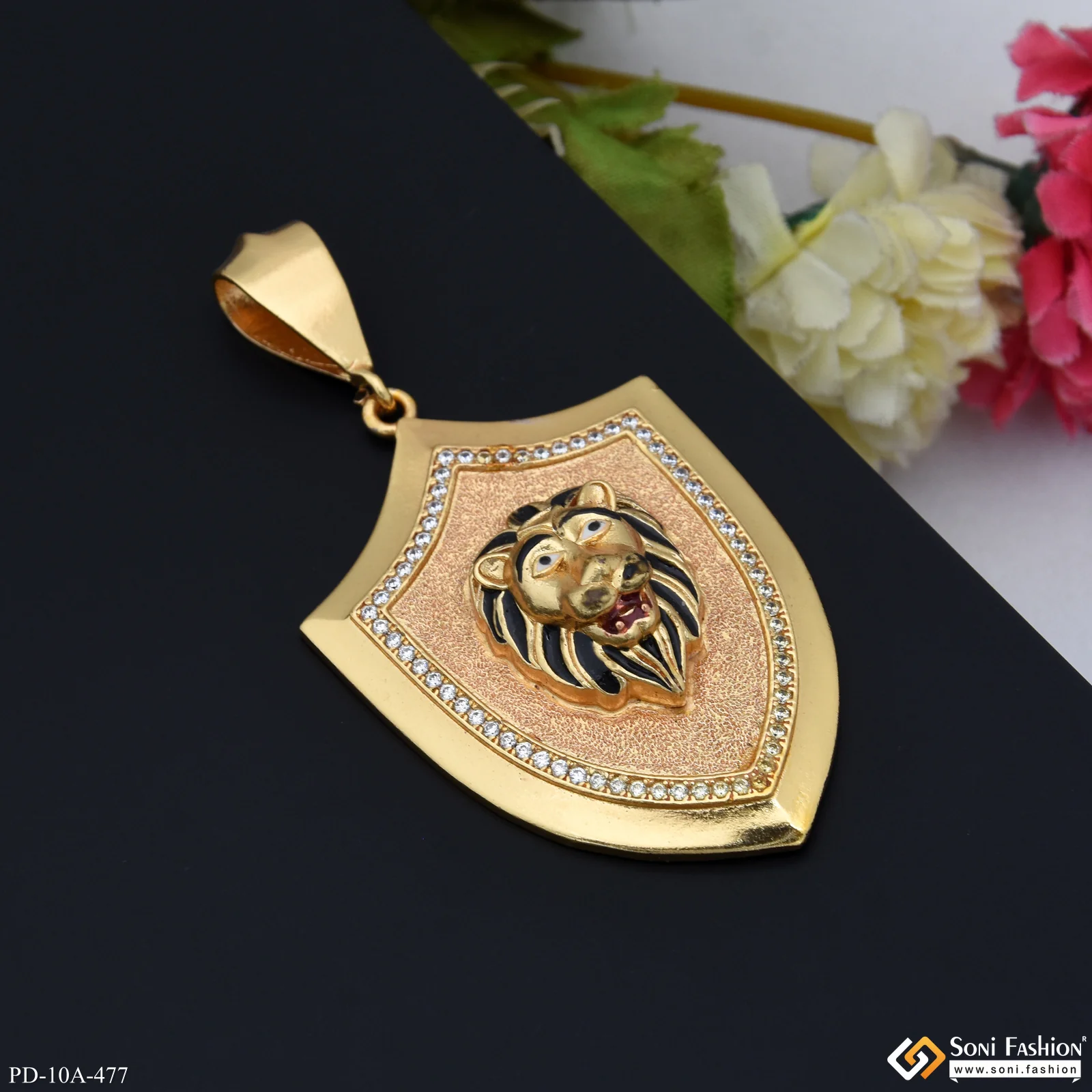 Royal Lion Black Hair Gold Plated Pendant With Diamond For Men - Style A477 - Image 4
