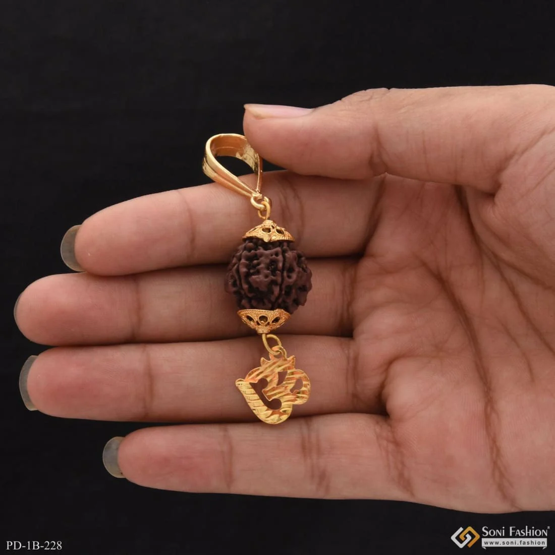 Om with Big Rudraksh Artisanal Design Gold Plated Pendant for Men - Style B228 - Image 3
