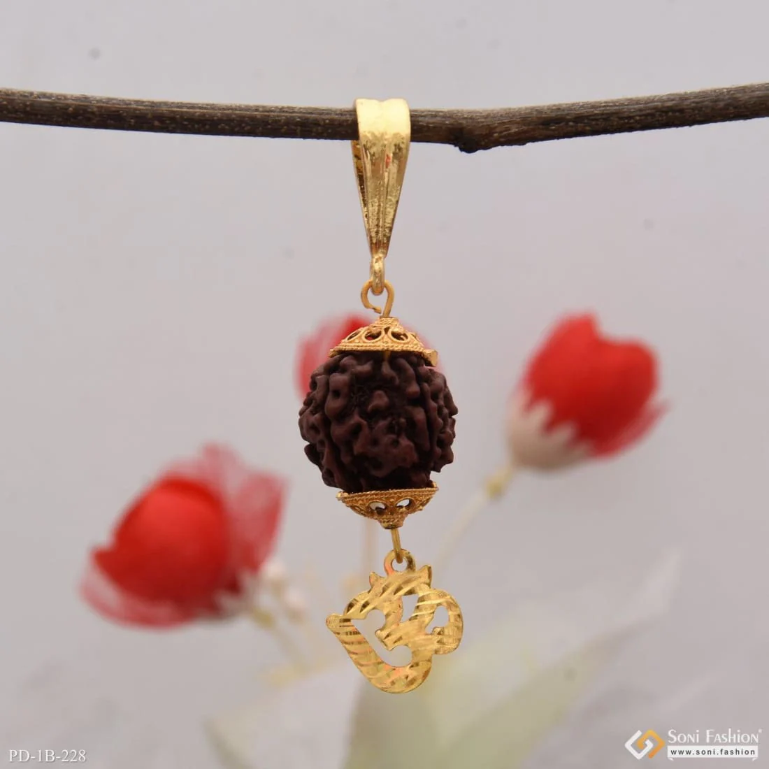 Om with Big Rudraksh Artisanal Design Gold Plated Pendant for Men - Style B228 - Image 5