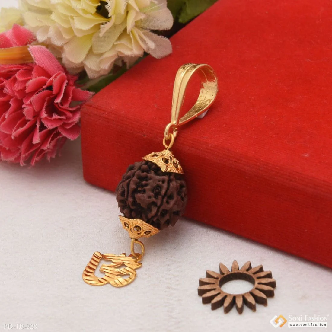 Om with Big Rudraksh Artisanal Design Gold Plated Pendant for Men - Style B228 - Image 6