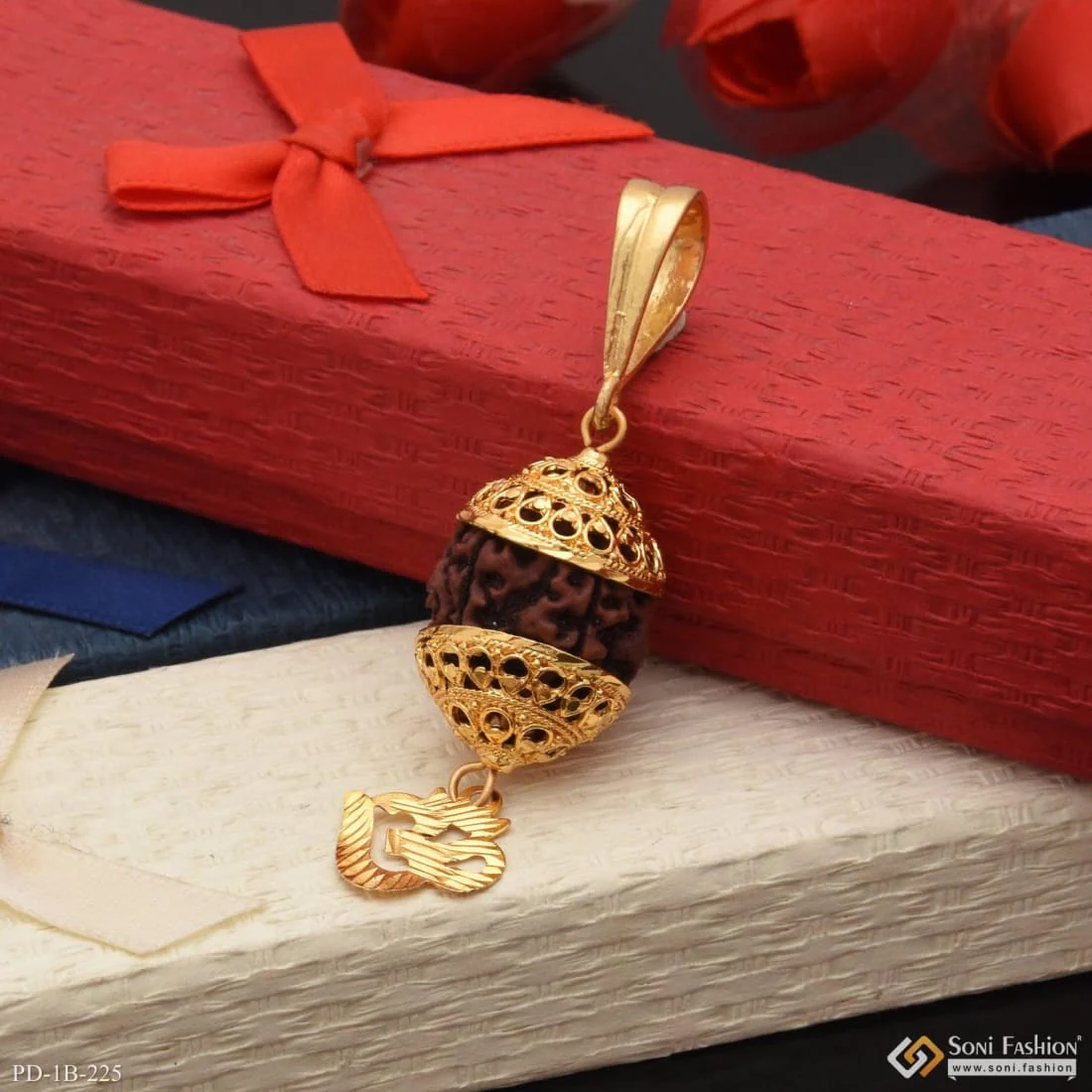 Om with Big Rudraksh Best Quality Gold Plated Pendant for Men - Style B225 - Image 3
