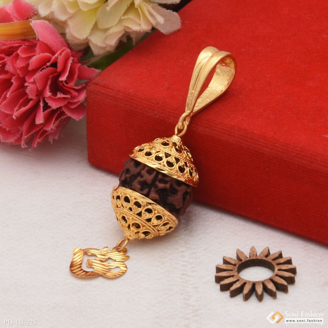 Om with Big Rudraksh Best Quality Gold Plated Pendant for Men - Style B225 - Image 4