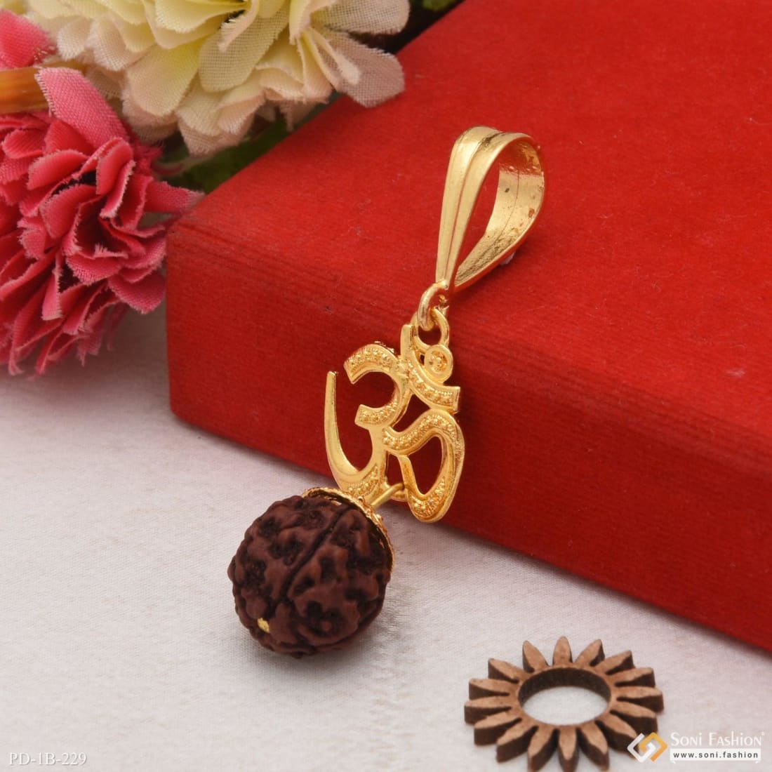 Rudraksh with Om Finely Detailed Design Gold Plated Pendant for Men - Style B229 - Image 3