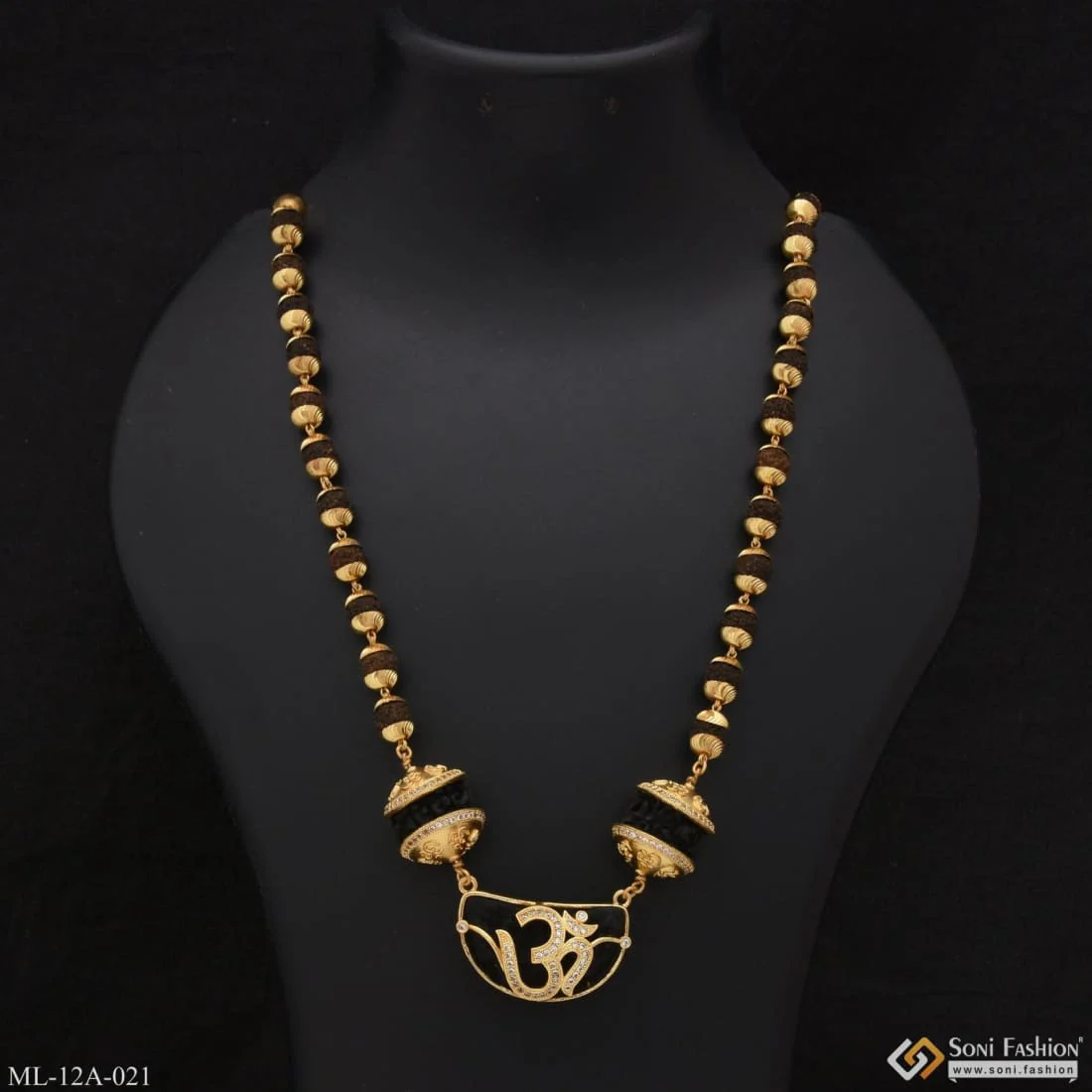 Rudraksha Mala With Om Diamond Pendant Gold Plated For Men - Style A021 - Image 3