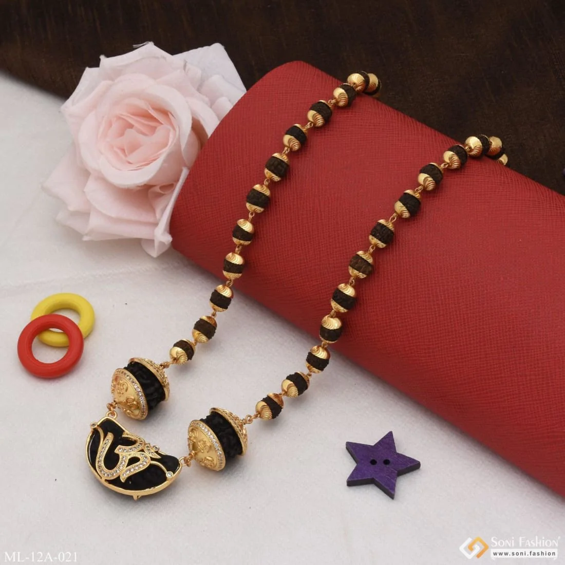 Rudraksha Mala With Om Diamond Pendant Gold Plated For Men - Style A021 - Image 4