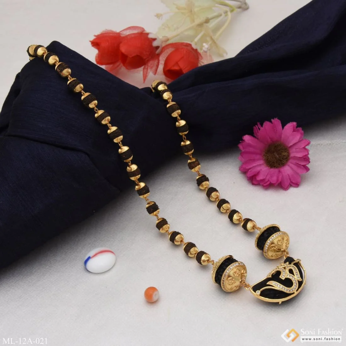 Rudraksha Mala With Om Diamond Pendant Gold Plated For Men - Style A021 - Image 5
