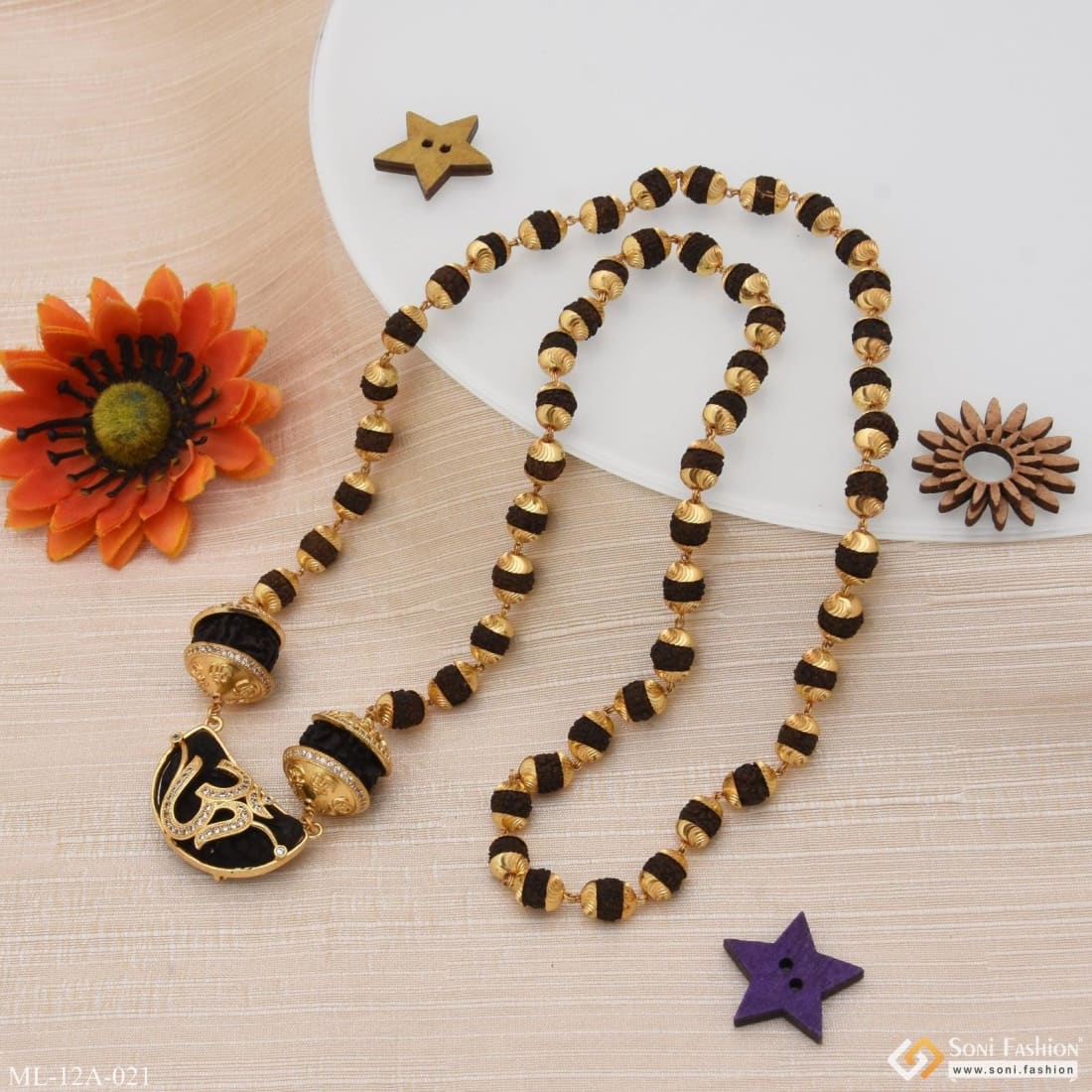 Rudraksha Mala With Om Diamond Pendant Gold Plated For Men - Style A021 - Image 6