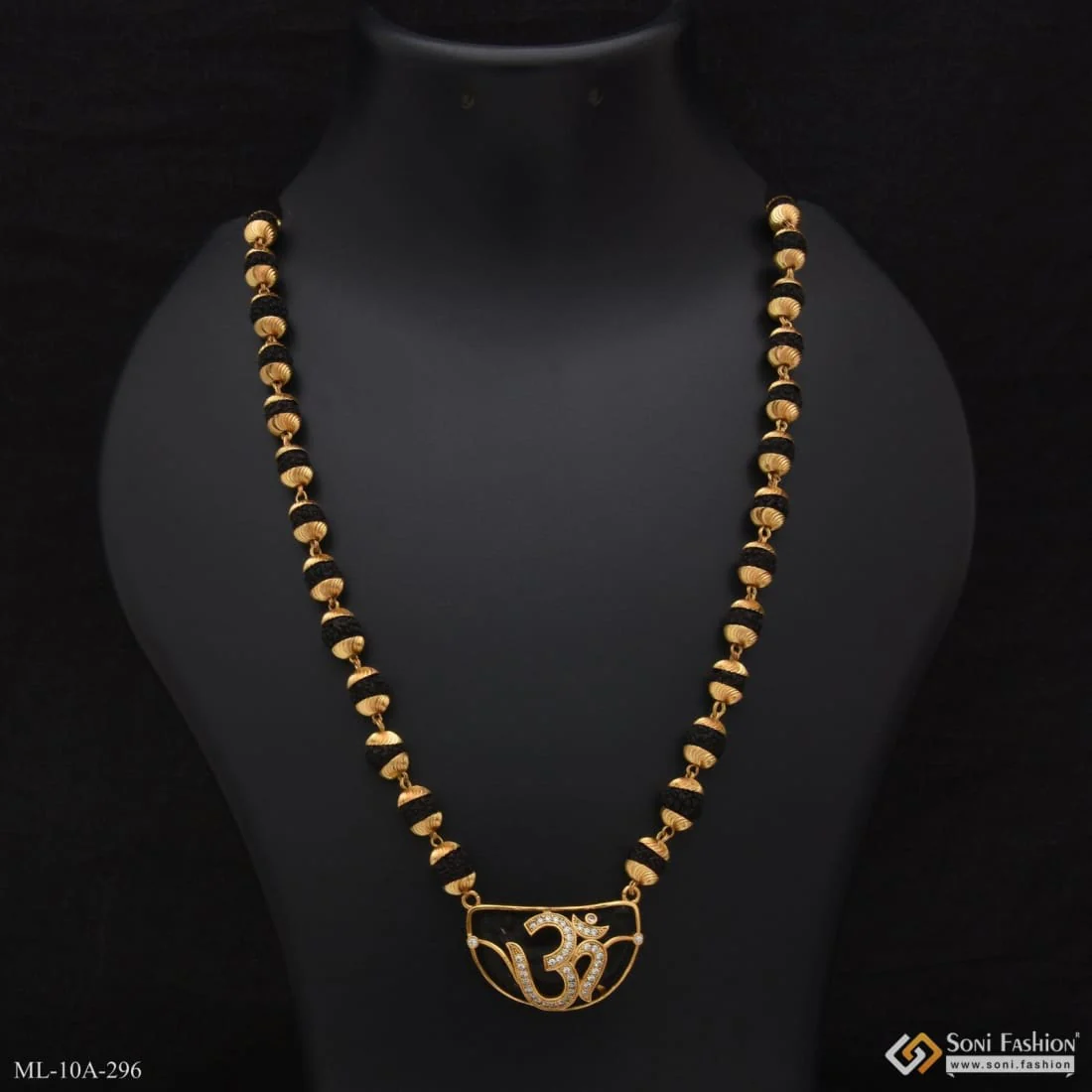 Rudraksha Mala With Om Diamond Pendant Gold Plated For Men - Style A296 - Image 3