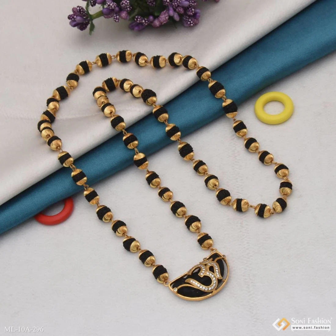 Rudraksha Mala With Om Diamond Pendant Gold Plated For Men - Style A296 - Image 4