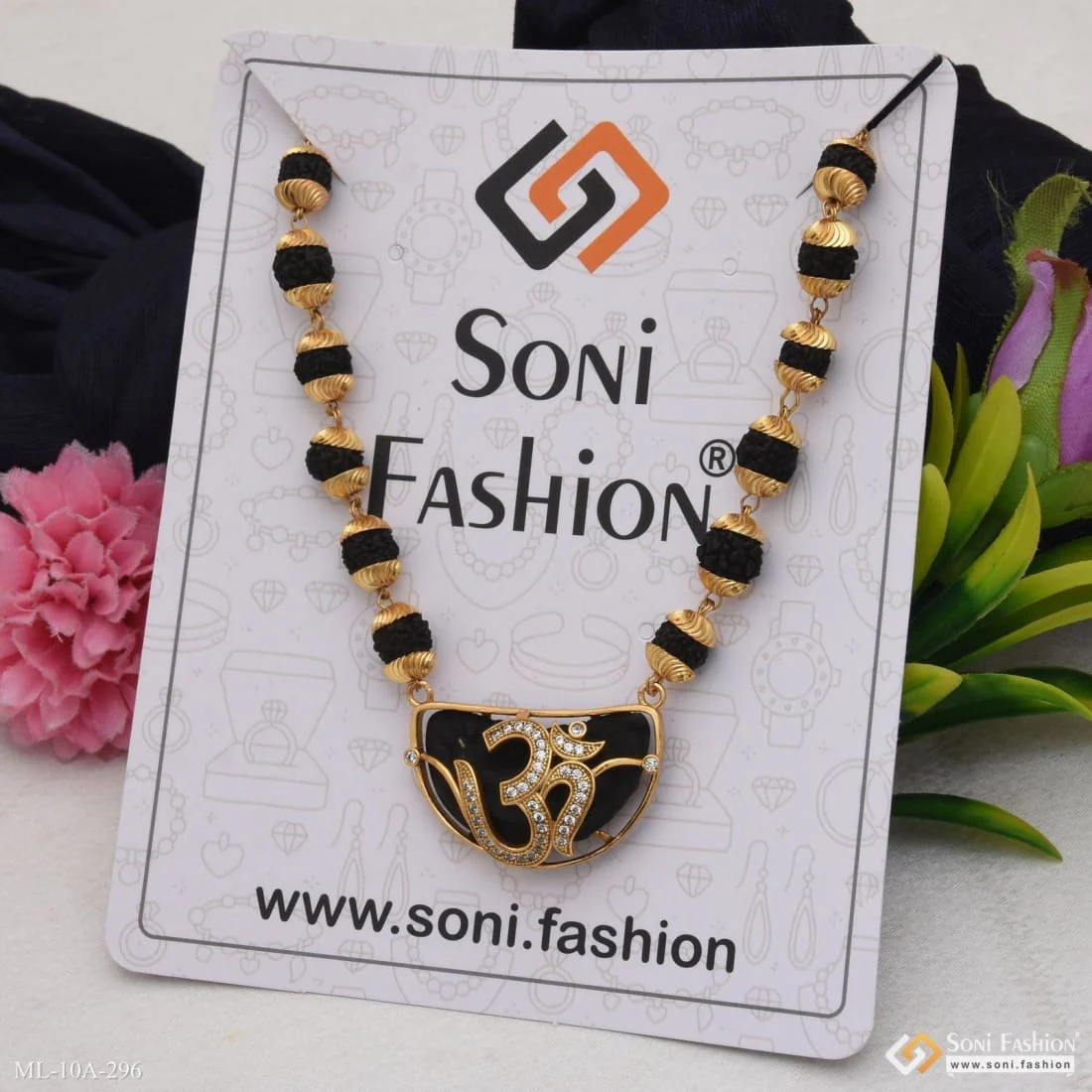 Rudraksha Mala With Om Diamond Pendant Gold Plated For Men - Style A296 - Image 5