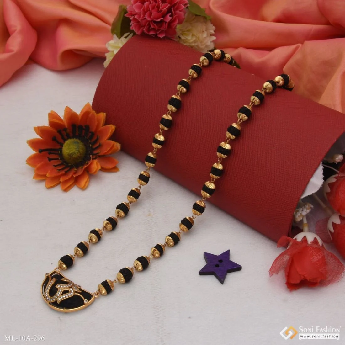 Rudraksha Mala With Om Diamond Pendant Gold Plated For Men - Style A296 - Image 6