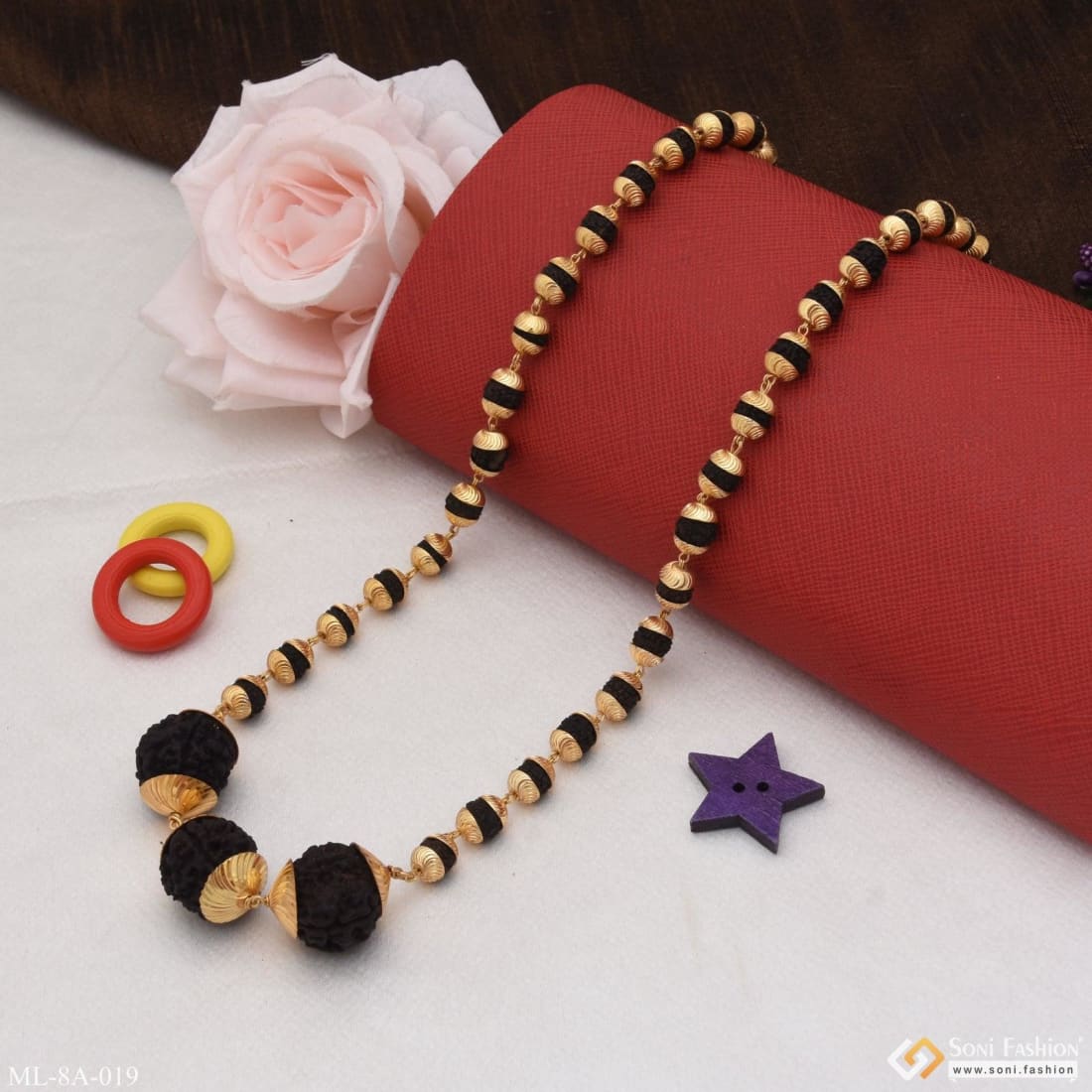 Rudraksha & Three Big Bead Rudraksha Mala Gold Plated For Men - Style A019 - Image 3