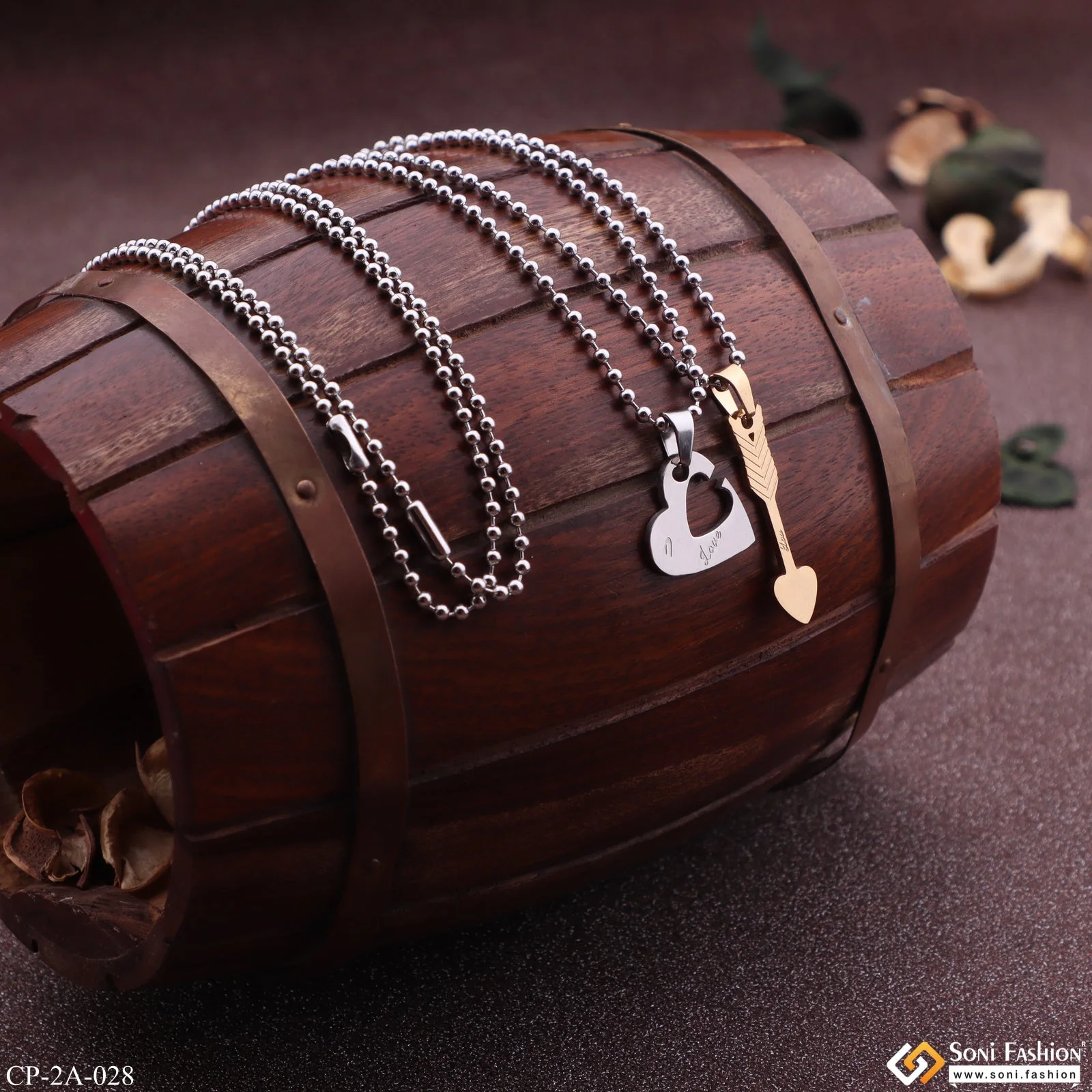 Silver Heart With Golden Arrow Locket With 2 Chain For Valentine Gift Pendant Set - Style A028 - Image 2