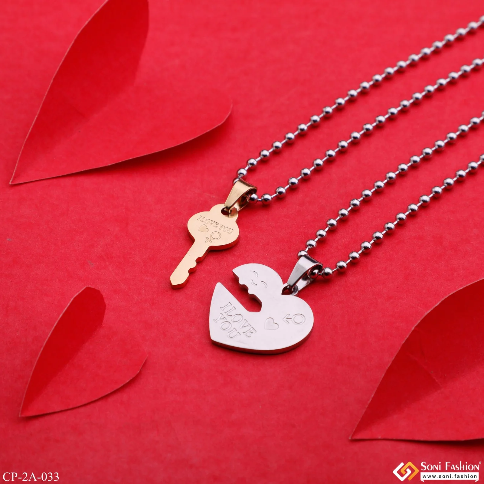 Silver Heart with Golden Key Couple Chain Pendant Set - Style A033 - Image 3