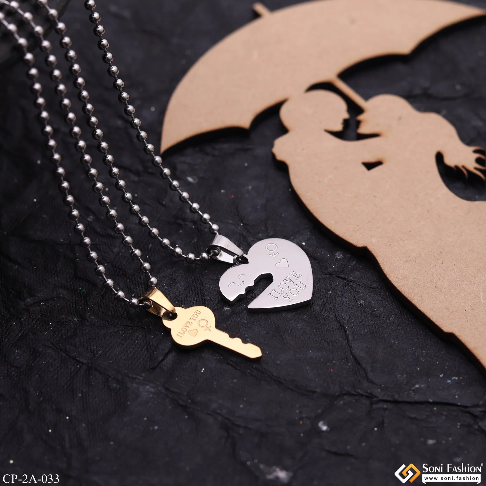 Silver Heart with Golden Key Couple Chain Pendant Set - Style A033 - Image 4