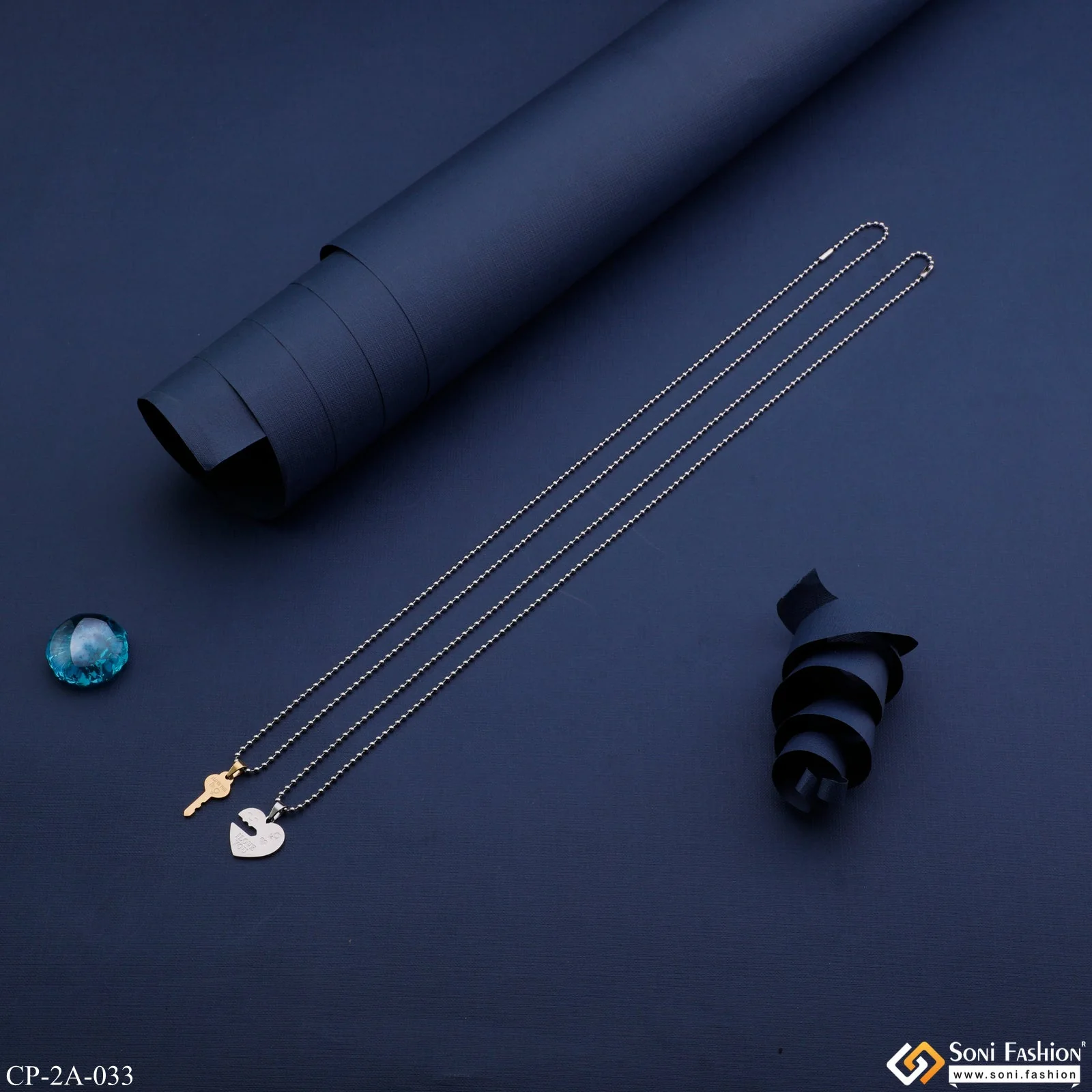 Silver Heart with Golden Key Couple Chain Pendant Set - Style A033 - Image 5