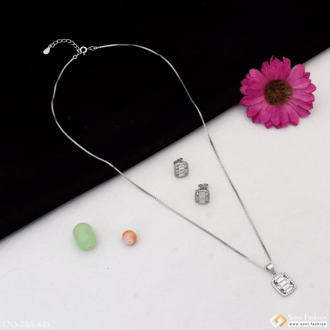 Silver with Diamond Brilliant Design Silver Necklace Set for Lady - Style A446 - Image 3