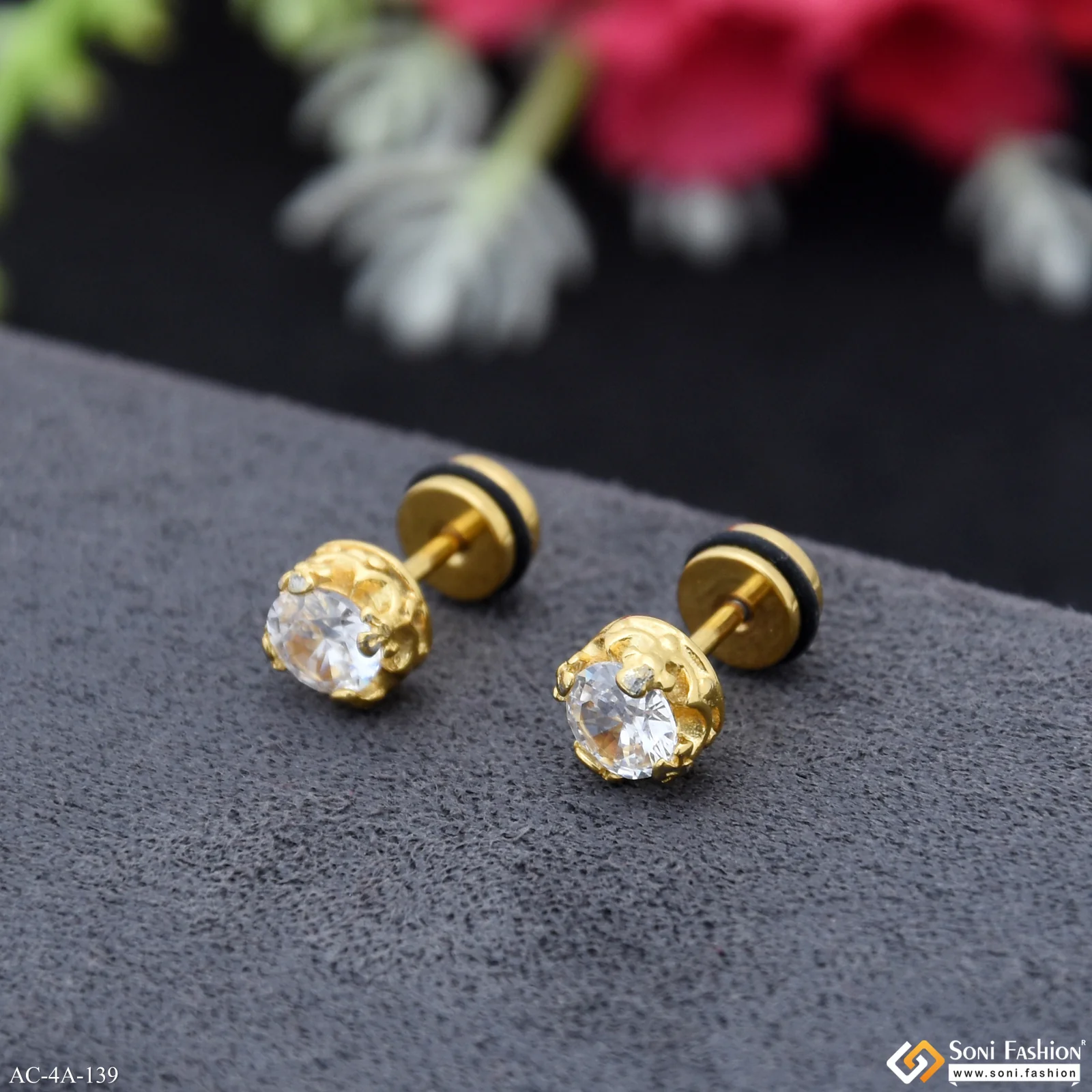 Single Diamond Golden Color Stud Earring for Men (2 Pc) - Style A139 - Image 3