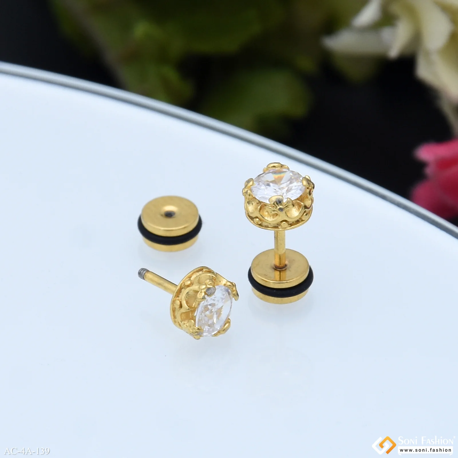 Single Diamond Golden Color Stud Earring for Men (2 Pc) - Style A139 - Image 4