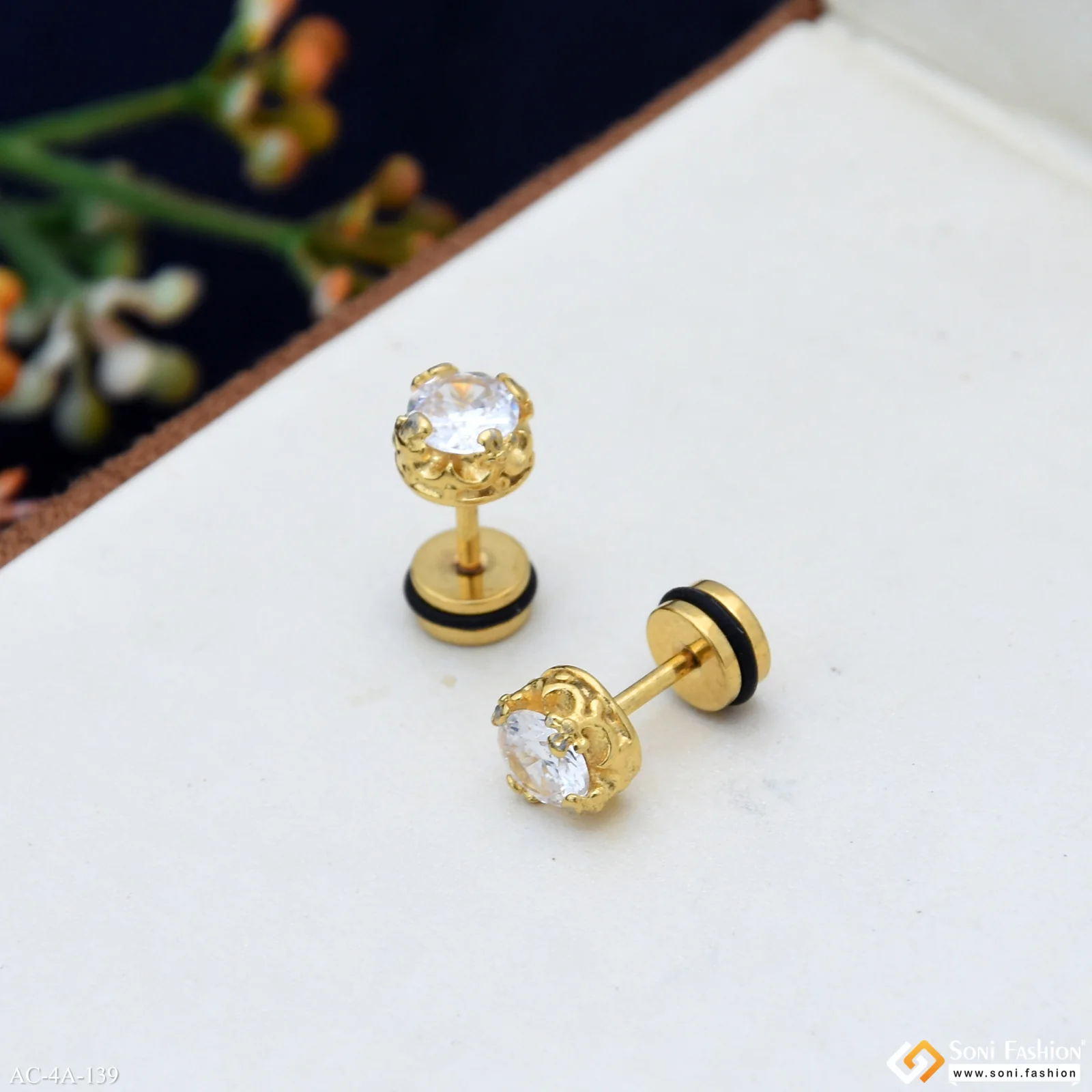 Single Diamond Golden Color Stud Earring for Men (2 Pc) - Style A139 - Image 5
