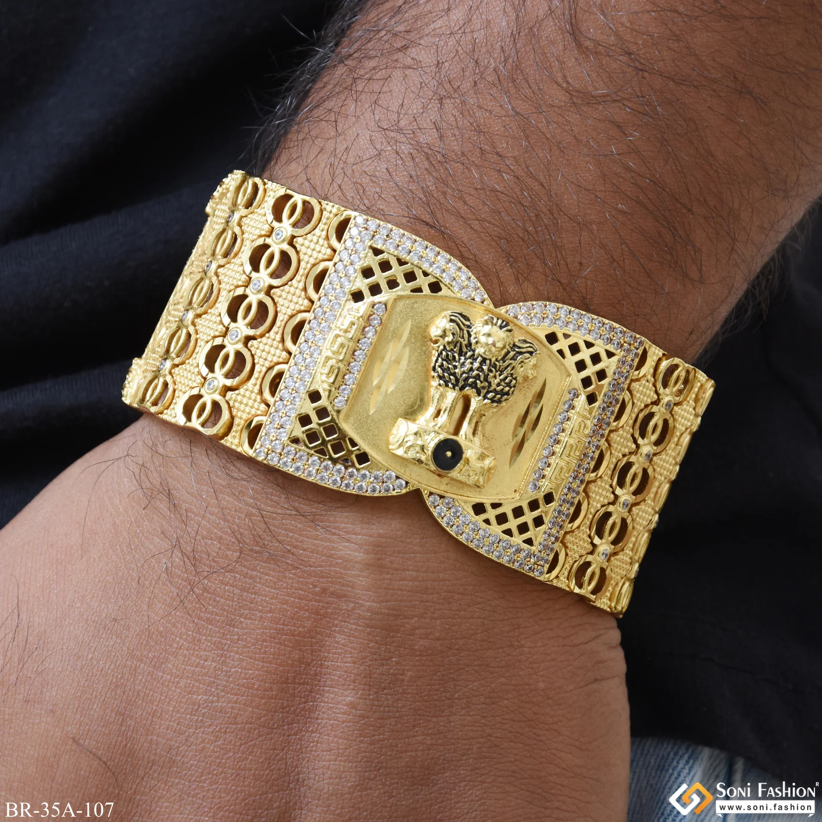 Big Size Handmade Indian Mudra Logo with Diamond Gold Plated Bracelet - Style A107 - Image 3