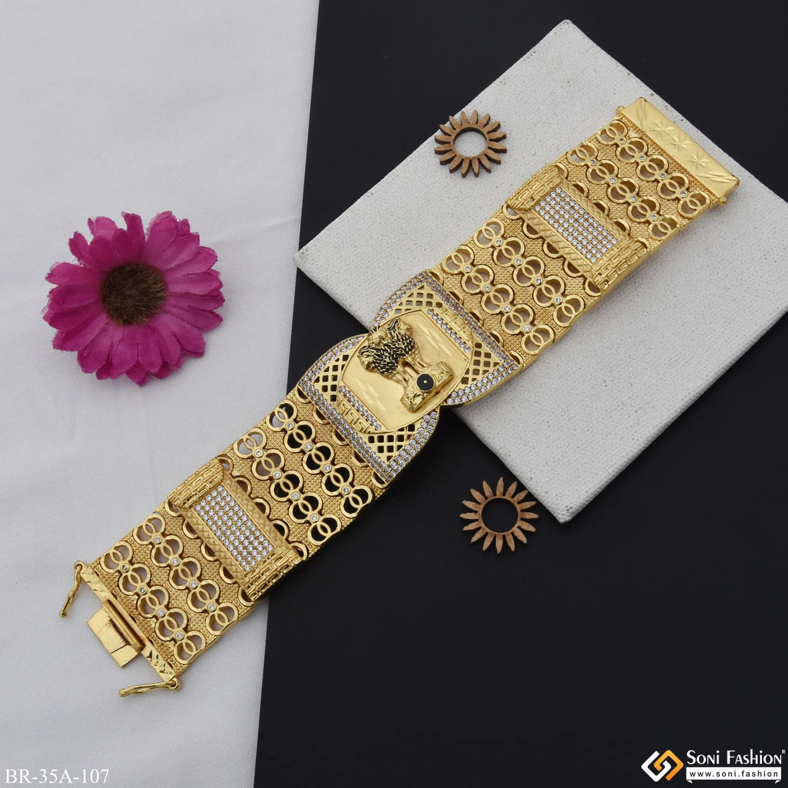 Big Size Handmade Indian Mudra Logo with Diamond Gold Plated Bracelet - Style A107 - Image 5